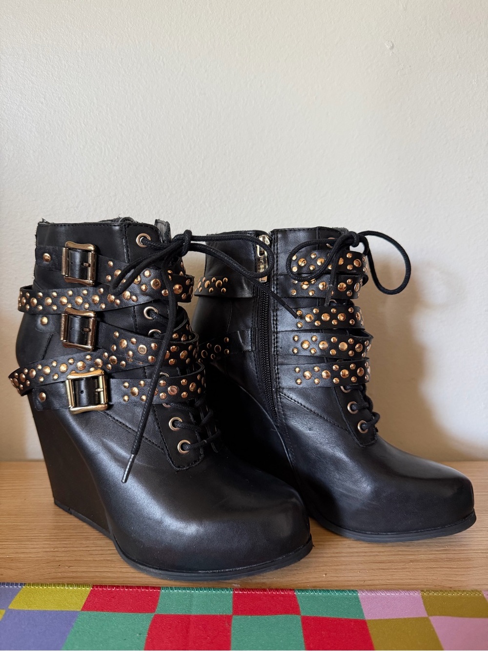BCBG Black Studded Wedge Ankle Boots - Women
